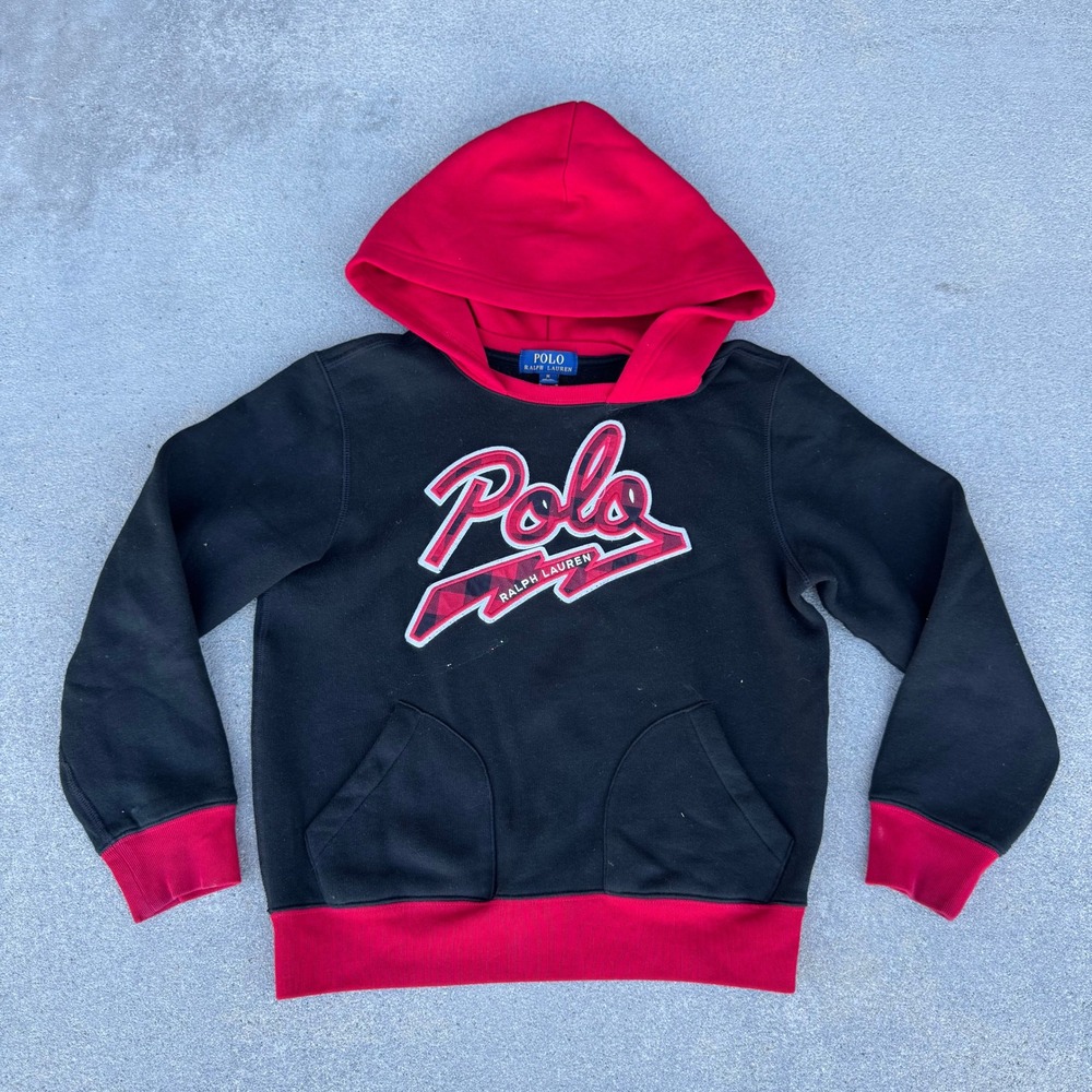 Polo Ralph Lauren Kids Hoodie Black Red Buffalo Plaid Logo Pullover Sweatshirt M